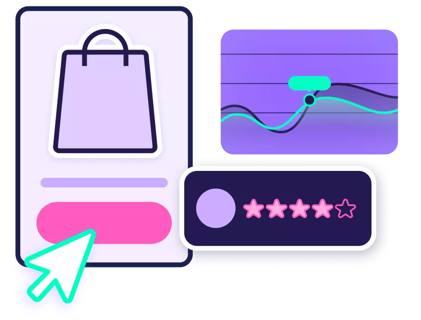 A shopping cart icon accompanied by a star and a shopping bag, illustrating the potential to establish an online store.