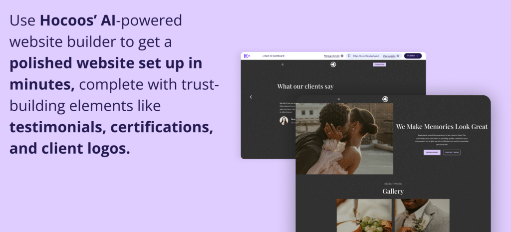 Business Website for small business owner. Screenshots of Hocoos website templates showcasing testimonials and a gallery, demonstrating the AI builder's ability to create polished sites with trust-building features.