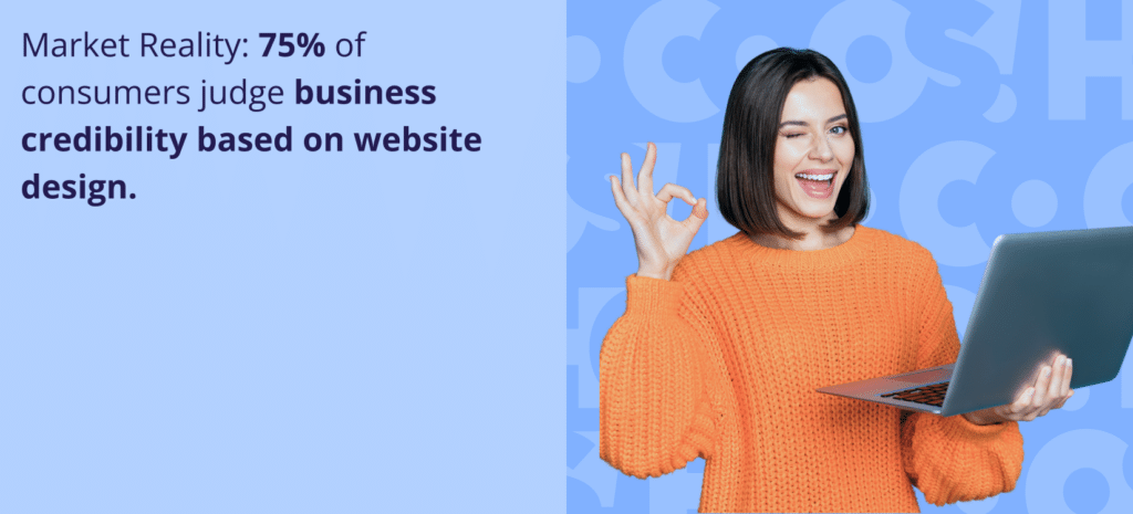 Business Website for small business owner. A woman winking and making an "okay" sign while holding a laptop, illustrating the statistic that "75% of consumers judge business credibility based on website design."