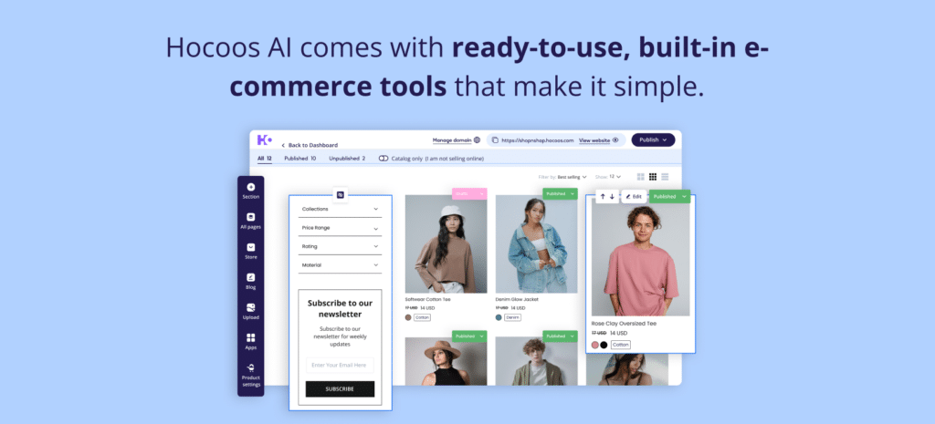 Turn Your Side Hustle into a Success Story: A Non-Techie's Guide to Building a Client-Attracting Website for small business owner. Screenshot of Hocoos AI e-commerce platform with product listings and a left sidebar menu.