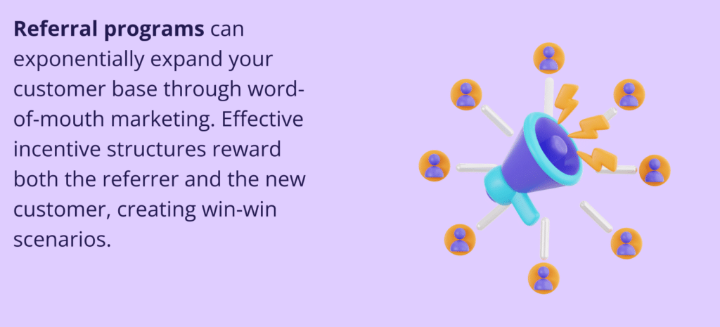 Your Website is Live! Here's Your Complete 2025 Growth Roadmap for small business owner. 
A lavender image with a central, purple megaphone icon surrounded by radiating orange-ringed user icons. The text states, "Referral programs can exponentially expand your customer base through word-of-mouth marketing. Effective incentive structures reward both the referrer and the new customer, creating win-win scenarios."