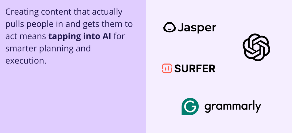 Your Website is Live! Here's Your Complete 2025 Growth Roadmap for small business owner. A pale purple image displaying the logos of four AI tools: Jasper, ChatGPT, Surfer, and Grammarly. The text on the left reads, "Creating content that actually pulls people in and gets them to act means tapping into AI for smarter planning and execution."