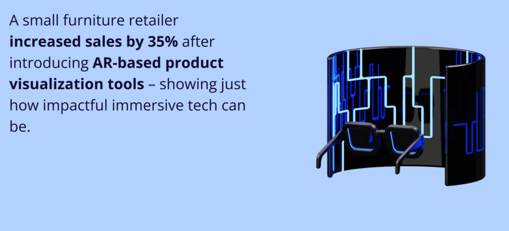 The 8 Technology Trends Reshaping Business in 2025 A 3D icon of AR glasses in front of a blue neon circuit background, illustrating the text: "A small furniture retailer increased sales by 35% after introducing AR-based product visualization tools..."