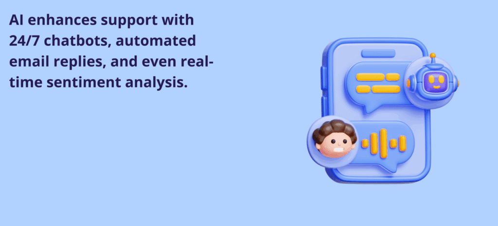 The 8 Technology Trends Reshaping Business in 2025 A smartphone icon shows a conversation between a human and a chatbot, illustrating the text: "AI enhances support with 24/7 chatbots, automated email replies, and even real-time sentiment analysis."