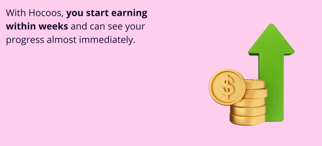 The Hocoos Student Affiliate Program: Your Path to Financial Freedom 3 The Hocoos Student Affiliate Program: Your Path to Financial Freedom. The image displays the text: "With Hocoos, you start earning within weeks and can see your progress almost immediately." To the right, there is a 3D illustration of a stack of gold dollar coins resting against a large, upward-pointing green arrow, visually representing rapid financial growth and earnings.