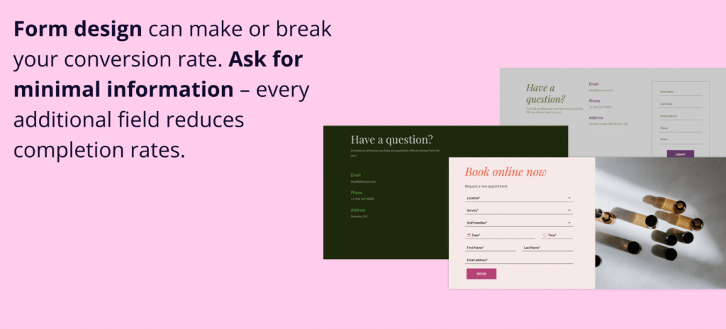 Your Website is Live! Here's Your Complete 2025 Growth Roadmap for small business owner. 
A pale pink image showing three different forms and a group of vials. The text on the left reads, "Form design can make or break your conversion rate. Ask for minimal information – every additional field reduces completion rates."