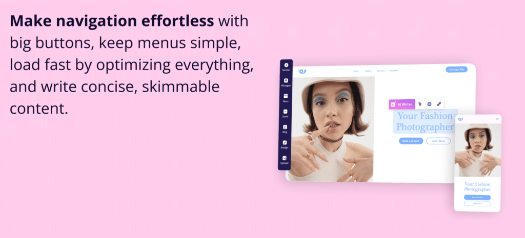 Your Website is Live! Here's Your Complete 2025 Growth Roadmap for small business owner. 
A soft pink image showing a website's desktop view and a mobile view. The website features a photo of a person wearing a bucket hat and blue eyeshadow, with the text "Your Fashion Photographer." The description reads, "Make navigation effortless with big buttons, keep menus simple, load fast by optimizing everything, and write concise, skimmable content."