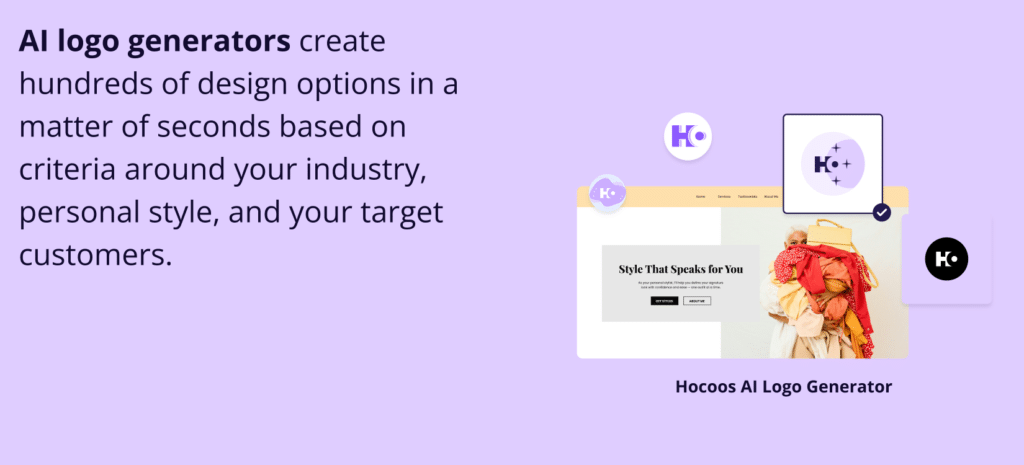 The Complete 2025 Guide to Starting a Profitable Online Business. "AI logo generators create hundreds of design options in a matter of seconds based on criteria around your industry, personal style, and your target customers." text with an icon showing a website and multiple logo variations generated by "Hocoos AI Logo Generator," symbolizing brand and identity development.