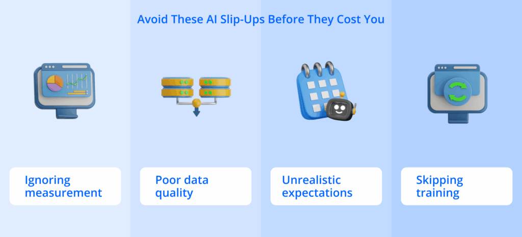 Come l'IA può aiutarti ad avviare una piccola impresa oggi 5 Your Complete Guide to AI for Small Businesses in 2026. Four icons representing AI slip-ups: "Ignoring measurement," "Poor data quality," "Unrealistic expectations," and "Skipping training," under the heading "Avoid These AI Slip-Ups Before They Cost You."