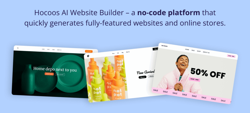 Come l'IA può aiutarti ad avviare una piccola impresa oggi 2 Your Complete Guide to AI for Small Businesses in 2026. Three website templates showcasing the "Hocoos AI Website Builder – a no-code platform that quickly generates fully-featured websites and online stores."