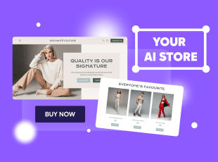 An image featuring a blurred purple background with two floating website mockups displayed in the forefront. The mockup on the left shows a fashion retail website with a prominent headline "QUALITY IS OUR SIGNATURE" and a model dressed in a casual chic outfit. Below this mockup is a 'BUY NOW' button. The mockup on the right presents a gallery of fashion items, titled "EVERYONE'S FAVOURITE". At the top right corner, there's a stylized text box with the phrase "YOUR AI STORE" indicating that this might be an advertisement for an AI-powered e-commerce platform.