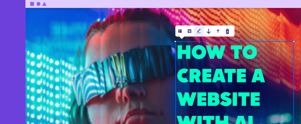 A vibrant header image for a blog or web article featuring a person with futuristic virtual reality glasses. The background is a blur of neon blue and purple lights, symbolizing technology and innovation. Overlaid text in bold, contrasting turquoise reads 'HOW TO CREATE A WEBSITE WITH AI', aimed at educating viewers about building AI-powered websites.