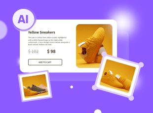 The image is a digital mockup promoting "Yellow Sneakers" within an e-commerce platform interface. It features a purple background with a large "AI" logo at the top left corner, suggesting an AI-themed context. The central part of the image showcases a pair of vibrant yellow sneakers with the price tag showing a crossed out original price of 2 and a discounted price of . An "ADD TO CART" button is prominently displayed below the pricing information. Additionally, two smaller, polaroid-style images float nearby, also displaying the yellow sneakers, to further draw attention to the product. The design indicates a special offer or sale on a fashion item, highlighting the integration of AI within the shopping experience