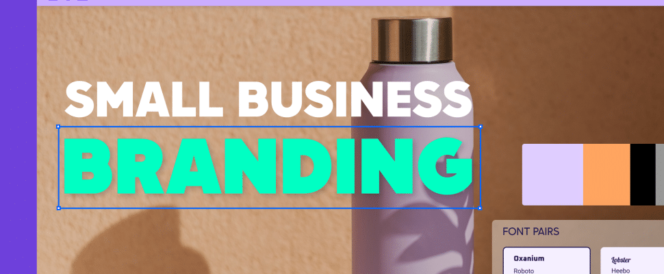 The main title 'SMALL BUSINESS BRANDING' is in bold, capitalized letters overlaid on an image of a plain water bottle against a craft paper background. To the right, a palette of complementary colors is shown, including shades of purple, orange, and black. Below the title, there's a section labeled 'FONT PAIRS' showing examples of font combinations: 'Oxanium and Roboto', and 'Lobster and Heebo', each pair presented in a stylized button.