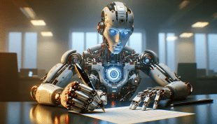 A highly detailed robot with human-like features sits at a desk, intently writing on a piece of paper. Its mechanical parts are intricately designed, showcasing advanced technology. The color palette includes deep purples and complementary shades that give the scene a sophisticated vibe.