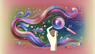A hand holding a magnifying glass over swirling digital streams, with 'AI' motifs, in purple, pink, and green hues, symbolizing the analysis of AI-generated content.