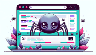 A whimsical illustration of a large spider robot perched on a stylized web page interface, surrounded by smaller spider robots and decorative leaves in a palette of purples, pinks, and greens