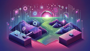 A digital landscape with magnifying glasses and scanning beams analyzing streams of data across hills and valleys, all depicted in vibrant purples, pinks, and greens, representing AI content detection.