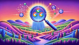 An abstract digital landscape depicting Google's AI with a magnifying glass, symbolized by Google's logo colors, scanning over hills and valleys of data, distinguishing high-quality content.