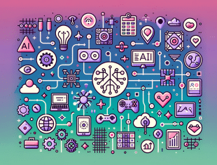 Iconographic composition showcasing the synergy of generative AI with various industries, displayed as a collection of thematic icons connected by digital patterns on a gradient background of purple, pink, and green.