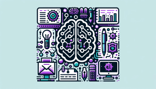 Iconographic display highlighting the collaboration of human creativity and generative AI, featuring symbols like a brain, lightbulb, pen, and a computer, intertwined with digital circuits on a teal background with purple, pink, and green accents.