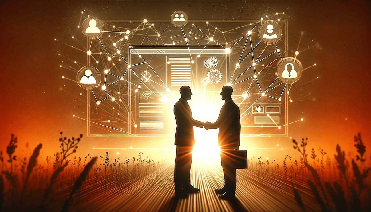 Two silhouetted business figures shaking hands on a wooden pathway, with a backdrop of glowing, interconnected network lines transitioning into a webpage design, representing business growth.