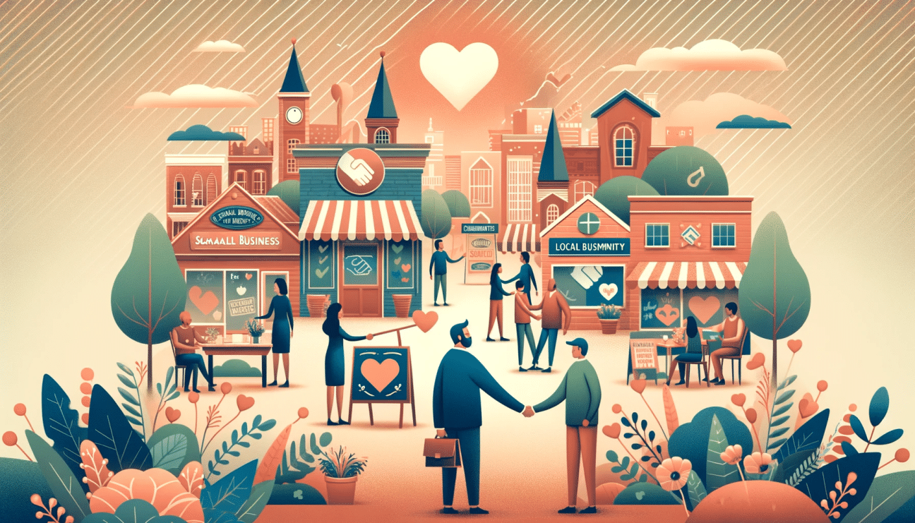 A small business owner engages in a handshake with community members amidst a bustling town scene, with shops and local activities symbolizing community involvement.