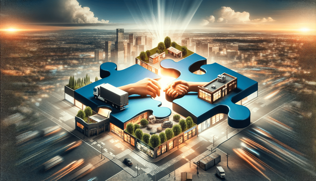 Two hands connecting puzzle pieces with commerce symbols over a cityscape, symbolizing the collaboration between complementary businesses.