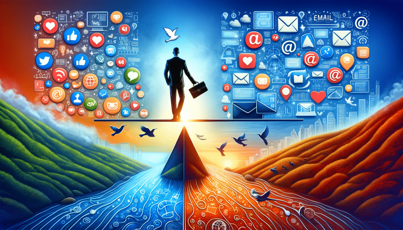 A figure stands at the center of a split scene: one side vibrant with social media icons, and the other organized with email marketing symbols.
