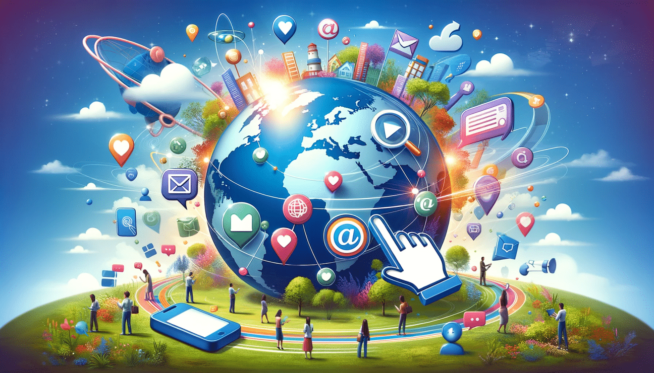 A digital globe surrounded by various online marketing elements with small business owners engaging, symbolizing the reach and impact of digital marketing.