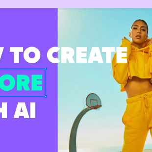 The image shows a split composition with two halves. On the left, a vibrant purple background with bold white text that reads "HOW TO CREATE A STORE WITH AI," with the words "A STORE" highlighted in a bright teal rectangle. On the right side of the image is a photograph of a woman wearing a fashionable bright yellow cropped hoodie and matching sweatpants. She stands confidently with her hands near her neck and her head turned slightly to the side. In the background, there's a clear blue sky and a solitary basketball hoop. The overall design suggests a guide or promotional material, possibly for a fashion-related AI store or service