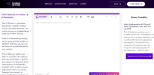 Content at Scale's AI Detector page, highlighting the AI Checker feature with a user interface for inputting text and a sidebar offering 'Ask AIMEE' for assistance, against a purple-themed background