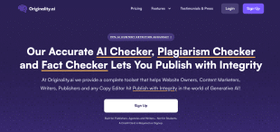 Homepage header of Originality.ai featuring their AI Checker, Plagiarism Checker, and Fact Checker services, with a bold claim of '99% AI content detection accuracy' on a deep purple background.