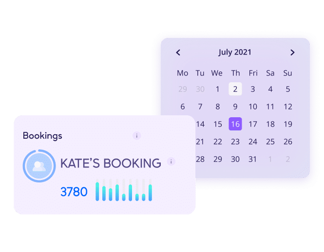 Analytics dashboard showing a booking statistics widget named 'KATE'S BOOKING' with a total of 3780 bookings displayed on a bar graph, alongside a calendar view for July 2021 with the 16th highlighted.