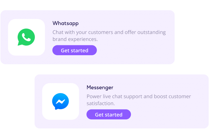 Customer communication options featuring 'Whatsapp' for chatting with customers and offering brand experiences, and 'Messenger' for live chat support to boost customer satisfaction, each with a 'Get started' button.
