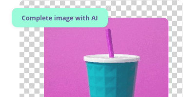 Digital illustration of a teal textured takeaway cup with a purple straw against a vibrant pink background, with a button labeled 'Complete image with AI' suggesting the use of artificial intelligence in image editing.