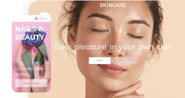 Mobile and desktop view of a skincare beauty website featuring a serene model with closed eyes, alongside an advertisement for a nails and beauty service.