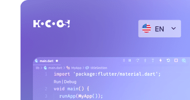 Screenshot of a website development environment with Hocoos branding, showcasing a code editor with Flutter code, and a language selection dropdown menu set to English.