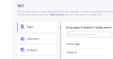 Web interface showing SEO settings with options to optimize Pages, Collections, and Products, including a search bar for setting up pages to display in Google search results, with links to Home page and About us for further SEO customization.