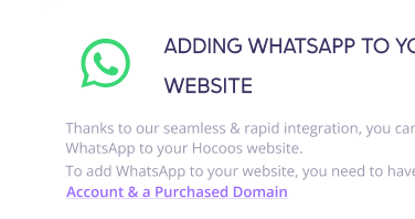 Webpage section titled 'ADDING WHATSAPP TO YOUR WEBSITE' with instructions for integrating WhatsApp into a Hocoos website, stating the need for an account and a purchased domain.