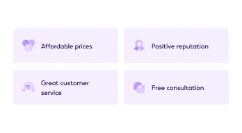 Web interface showcasing business strengths with icons: Affordable prices, Positive reputation, Great customer service, and Free consultation.