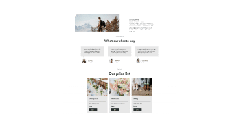 Webpage design layout featuring a wedding theme, with sections for testimonials labeled 'What our clients say' and service pricing labeled 'Our price list', presented in a clean, modern style.