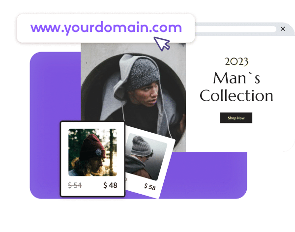 E-commerce website preview displaying '2023 Man's Collection' with a 'Shop Now' button, featuring product images with prices for hats, and a domain placeholder 'www.yourdomain.com' for brand customization.