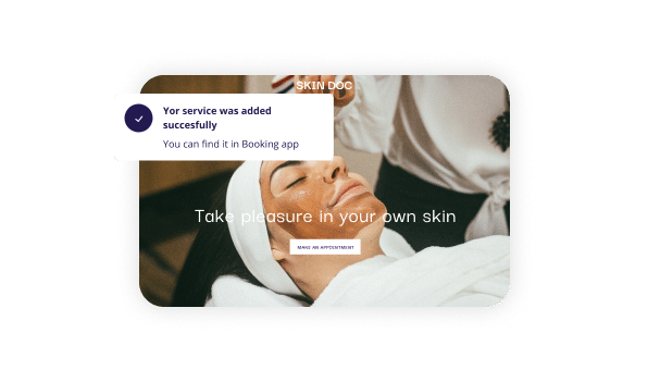 Relaxing facial treatment at SKIN DOC with a message confirming successful service addition, inviting to book an appointment through the booking app.