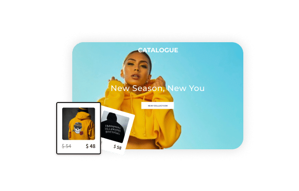 Fashionable woman in a yellow hoodie with the text 'New Season, New You' for a fashion catalogue, featuring pricing tags on trendy clothing items.