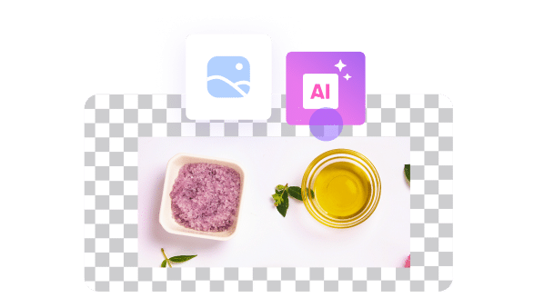 Graphic design interface showcasing image editing tools with a partially completed project featuring a bowl of purple scrub and a jar of oil, enhanced by AI technology.