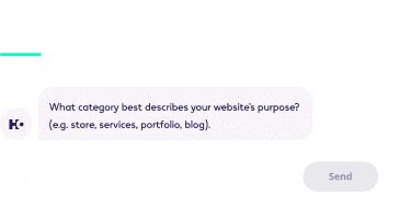 Chatbot interface asking 'What category best describes your website's purpose?' with suggested types like store, services, portfolio, blog, and an input field for typing the business type.