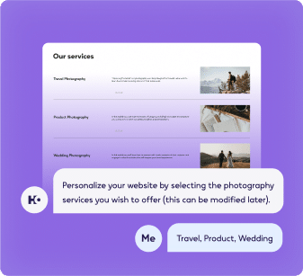 Webpage template for a photography service showcasing 'Our services' with categories in travel, product, and wedding photography, including sample images and a customizable service selection prompt.