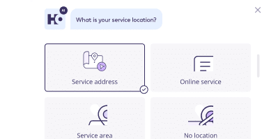 Service location options interface with four selections: Service address marked with a map pin icon, Online service indicated by document lines icon, Service area with radar icon, and No location with a crossed-out location icon.
