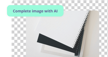 Partially displayed spiral notebook with visible ruled pages next to a black cover, with a 'Complete image with AI' label in a transparent overlay.